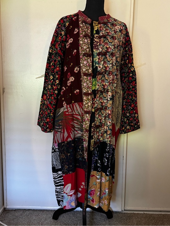 Jackets & Blazers - Boho Patchwork Floral Duster Coat in Burgundy and Multi